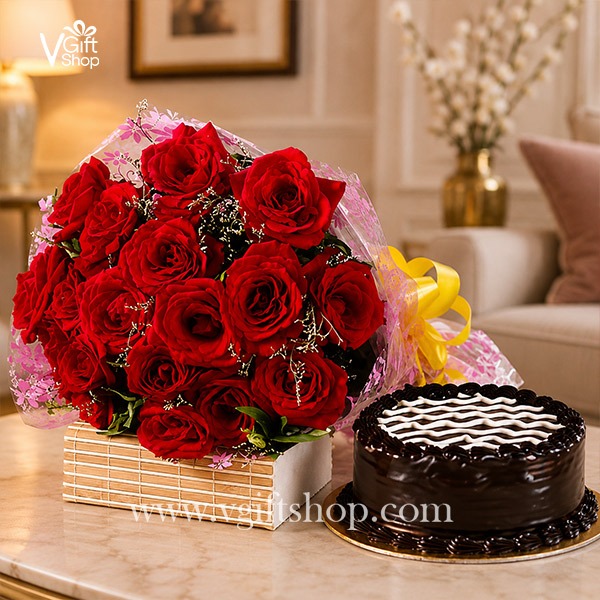 IMG-20260622-WA0083 YUMMY CHOCOLATE CAKE WITH BOUQUET OF RED ROSES - Image 1