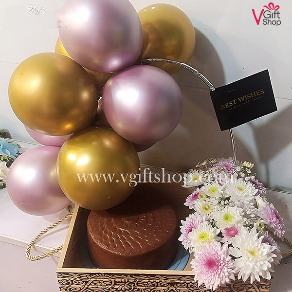Wooden Tray with Cake, Flowers & Balloons gift - V Gift Shop